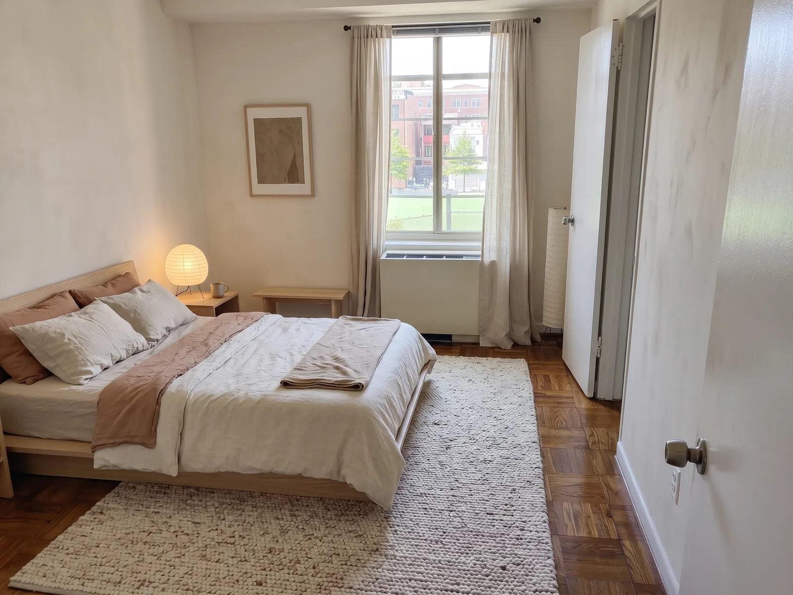 AI generated Japandi restyle of the same empty bedroom: a low oak bed with linen bedding, a wool rug, a paper lamp and linen curtains. Window, radiator, doors and parquet floor stay in place.