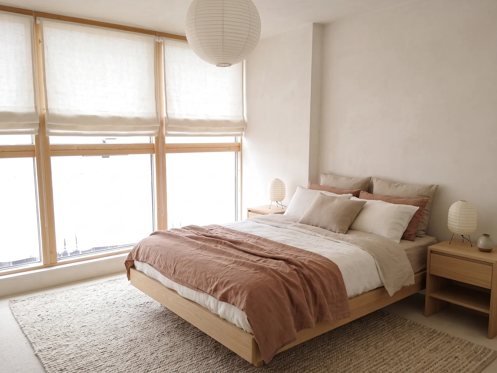 AI generated Japandi restyle of the same bedroom: linen Roman blinds, an oak bed with white and terracotta bedding, a paper pendant and a pale rug. The timber window wall stays in place.