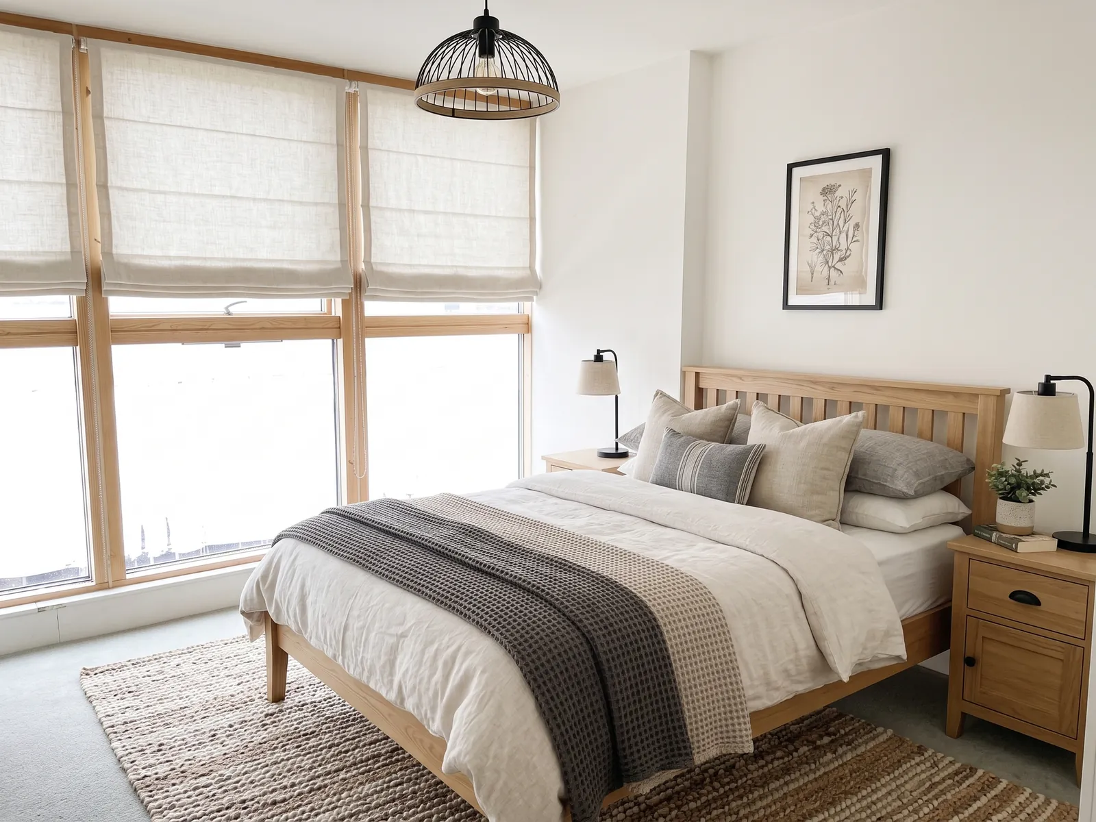 AI generated modern farmhouse restyle of the same bedroom: a slatted wood bed, grey and white bedding, a jute rug, a black metal pendant and wood side tables. The timber window wall stays in place.