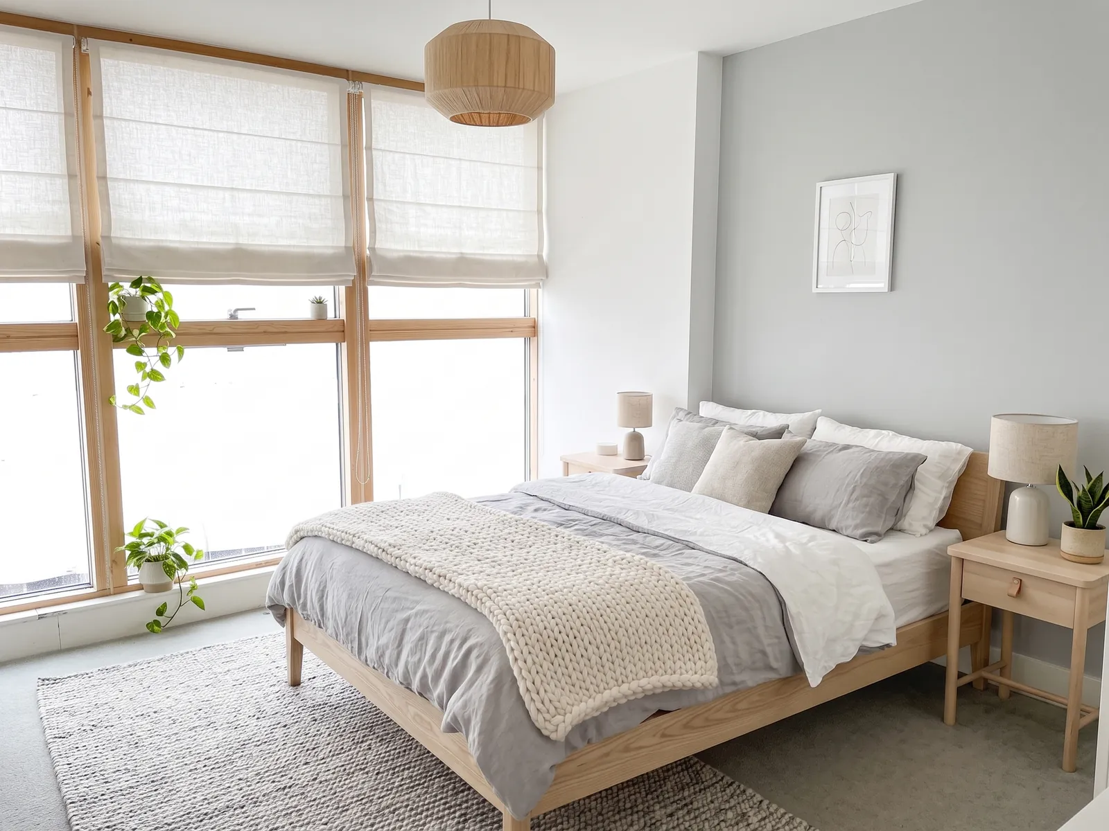 AI generated Scandinavian restyle of the same bedroom: a pale grey wall, oak bed with a knitted throw, a rattan pendant, plants and a cream rug. The timber window wall stays in place.