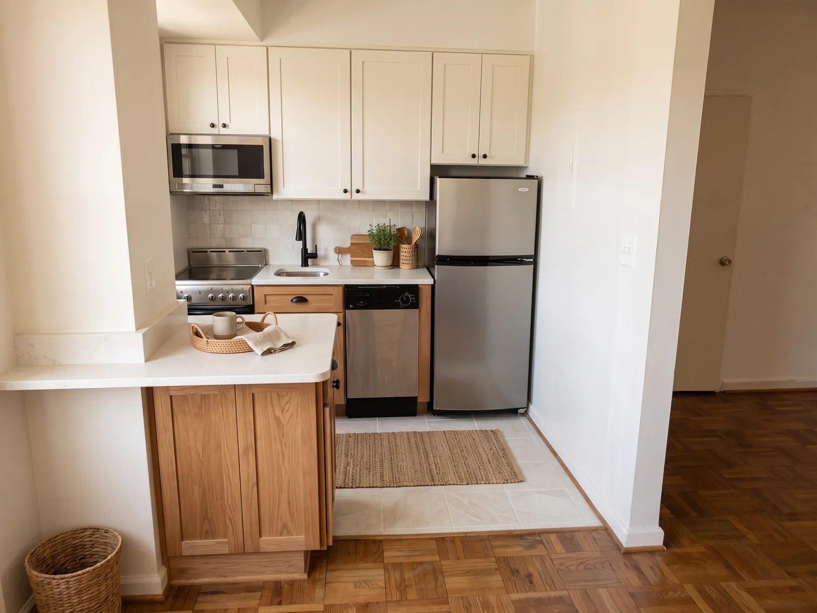 AI generated modern farmhouse restyle of the same kitchen: white shaker wall cabinets, an oak base unit, white tile splashback, black tap and a jute rug. Fridge, cooker, dishwasher and worktop stay where they were.