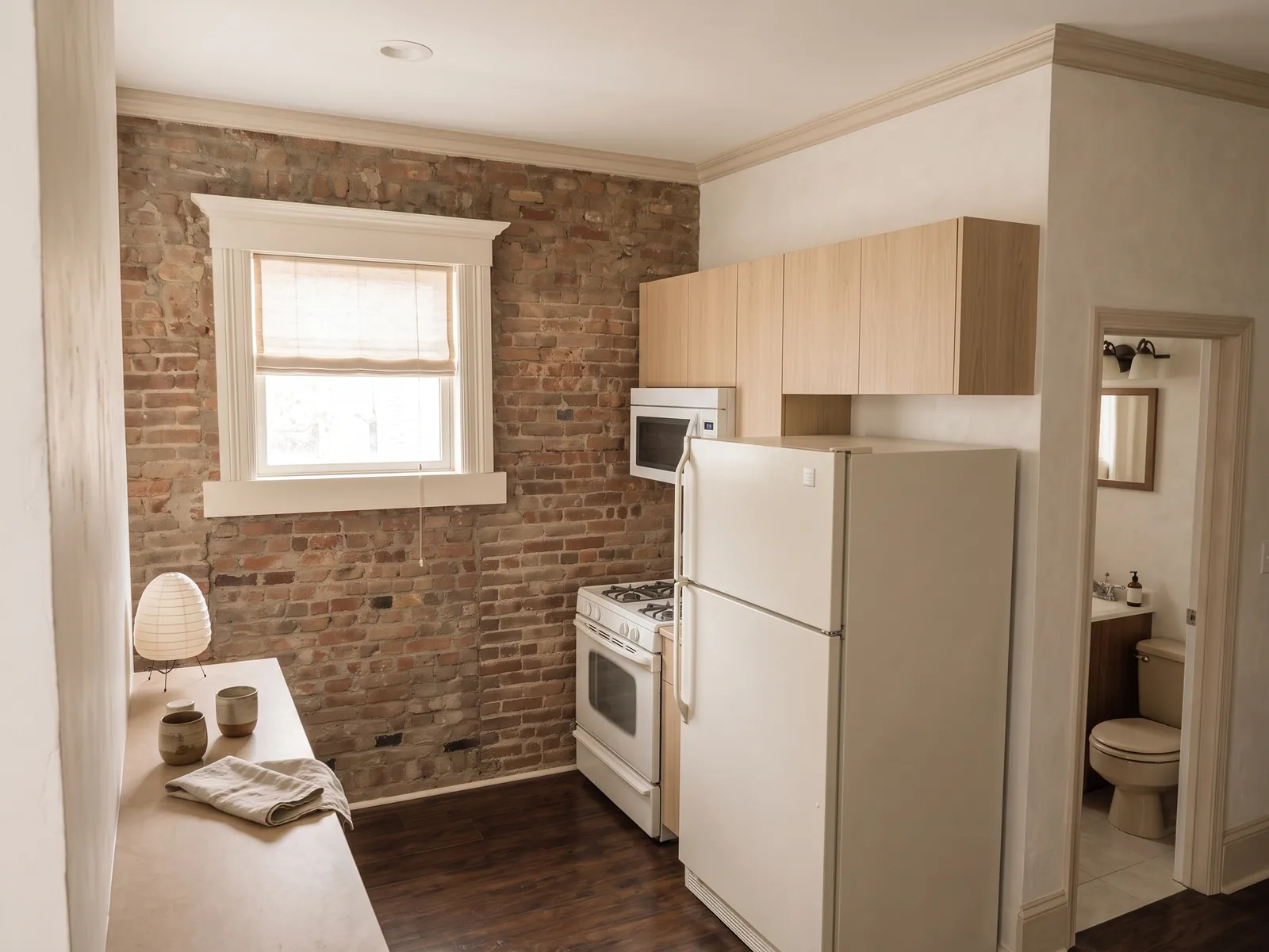 AI generated Japandi restyle of the same kitchen: warm white walls, pale oak wall cabinets, a linen blind and a paper lamp on the worktop. Brick wall, window, fridge, cooker and bathroom door stay in place.