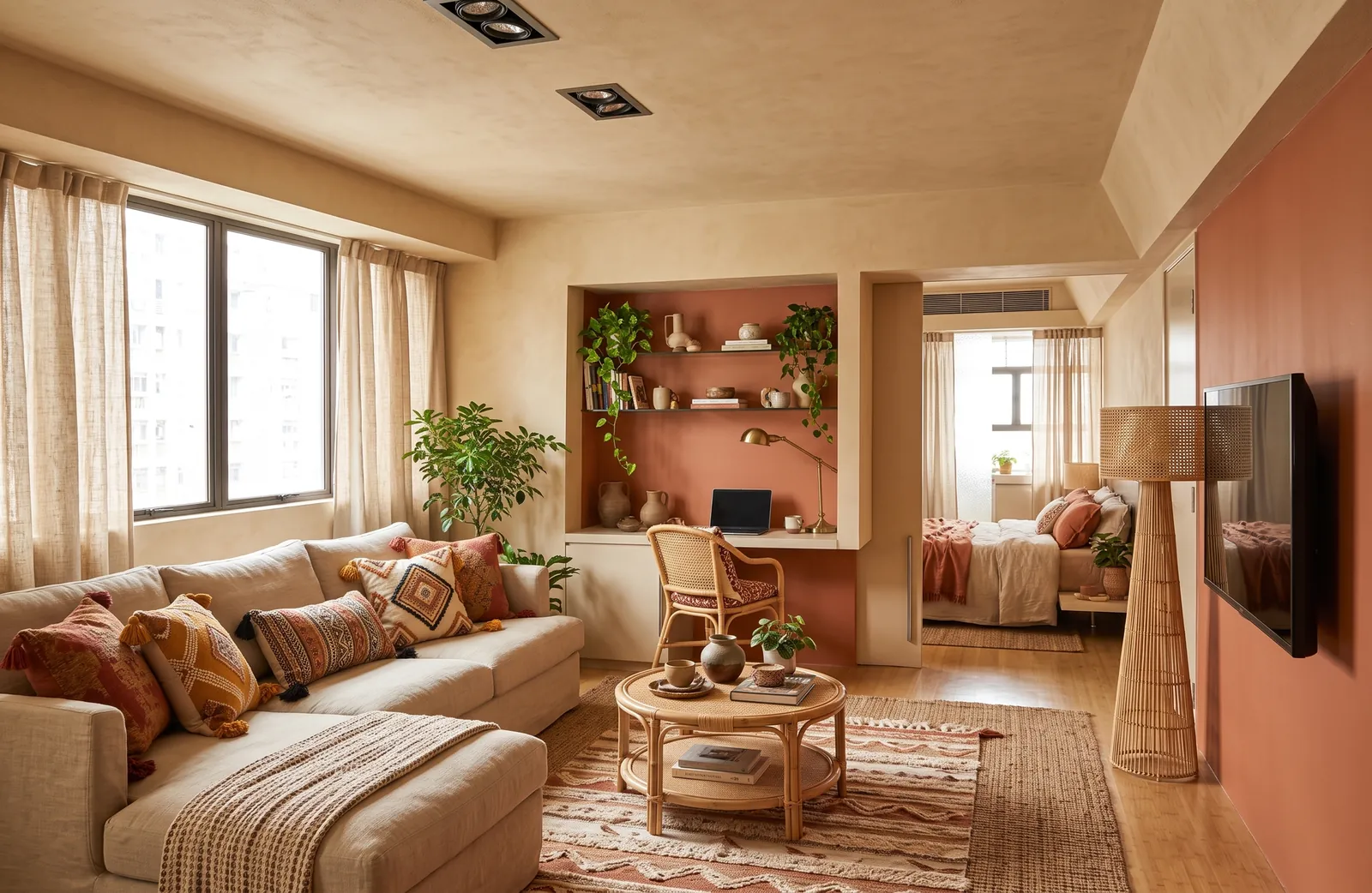 AI generated boho restyle of the same living room: a cream sectional with patterned cushions, a terracotta feature wall, a round rattan table, a patterned rug and plants. Windows, desk niche and bedroom doorway stay in place.