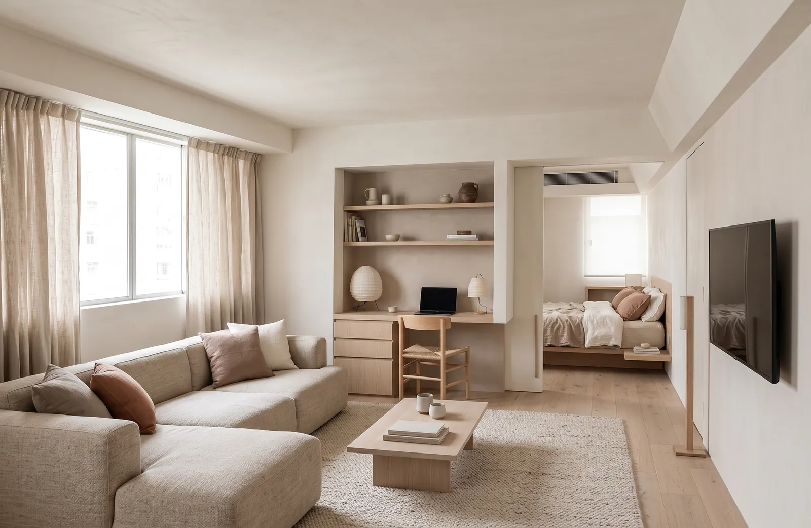 AI generated Japandi restyle of the same living room: an oatmeal sofa, oak coffee table, linen curtains and a pale rug, with the ceiling downlights left out. Windows, desk niche and bedroom doorway stay in place.