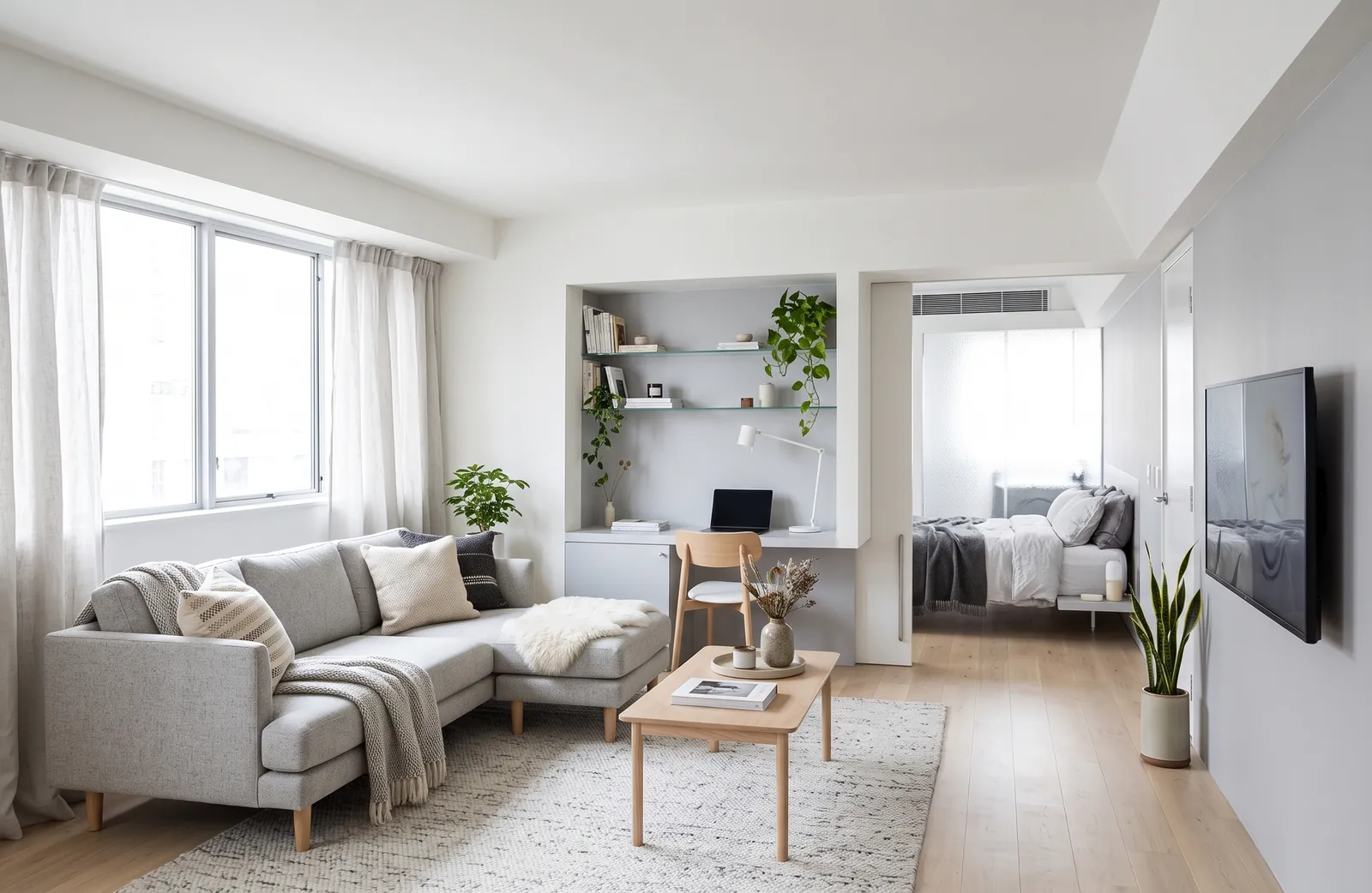 AI generated Scandinavian restyle of the same living room: a light grey sofa, oak coffee table, sheer white curtains, a pale grey wall and plants. Windows, desk niche and bedroom doorway stay in place.