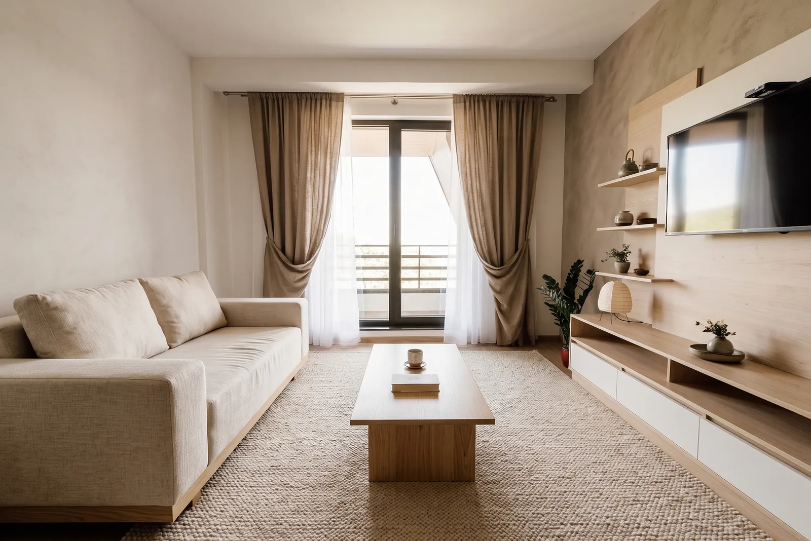 AI generated Japandi restyle of the same living room: a cream sofa, low oak coffee table, sand linen curtains, warm plaster walls and a woven rug. Balcony door and TV wall stay in place.