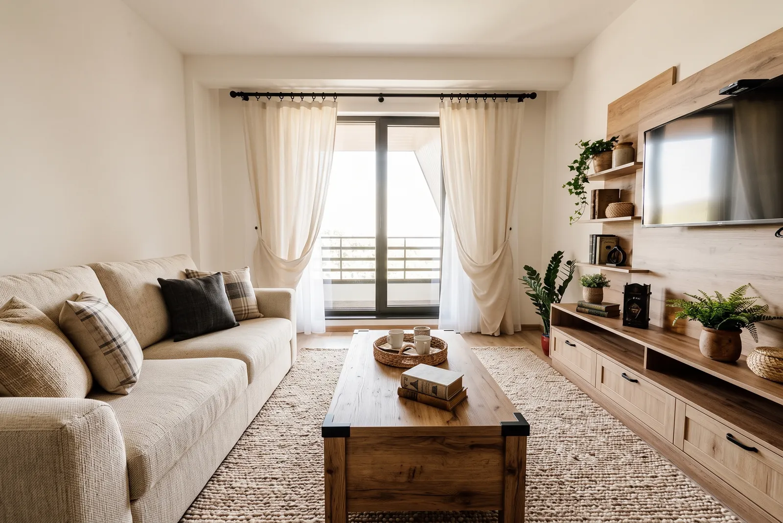 AI generated modern farmhouse restyle of the same living room: a cream sofa, rustic wood coffee table, jute rug, cream curtains and wood unit fronts. Balcony door and TV wall stay in place.