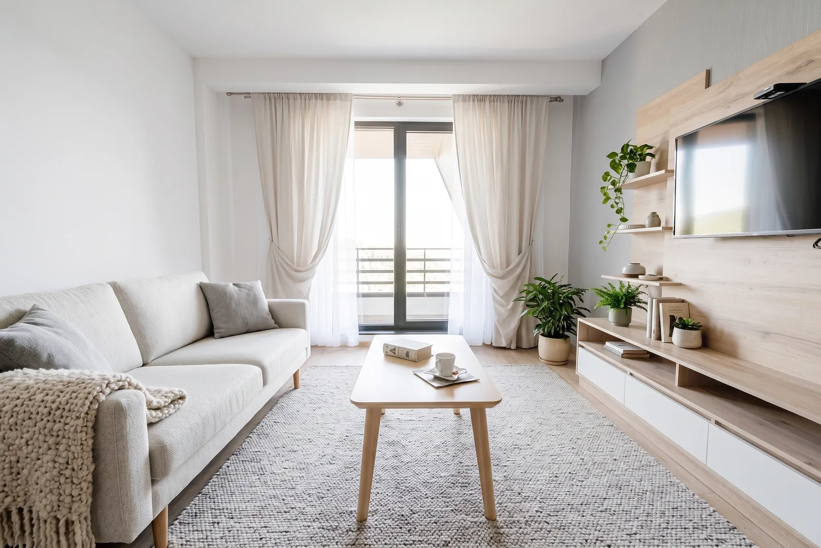 AI generated Scandinavian restyle of the same living room: a white sofa, oak coffee table, sheer white curtains, white walls and plants. Balcony door and TV wall stay in place.