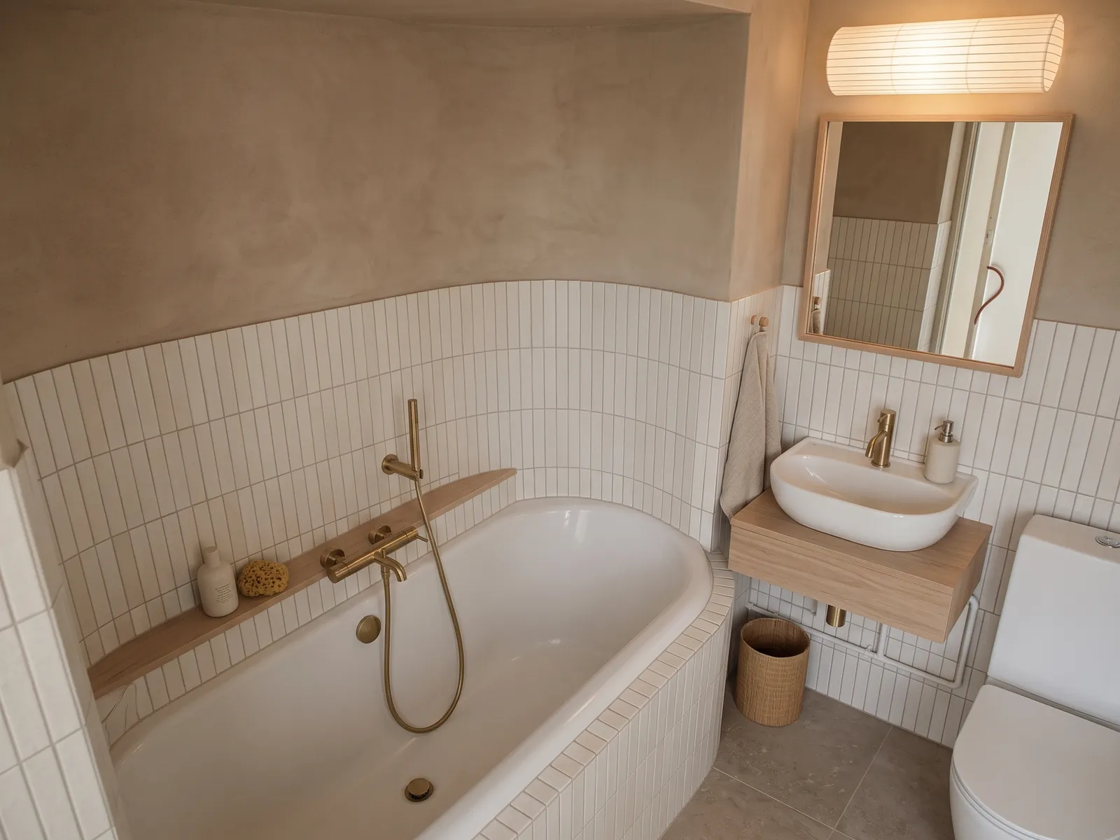Rejected AI generated Japandi render of the same bathroom: plaster walls and white stacked tiles, but the camera has moved, the basin and mirror have shifted right and the bath has changed shape.